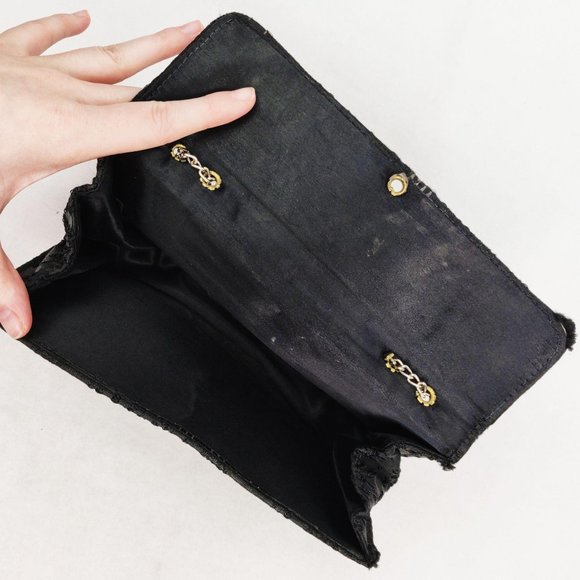 Vintage 1960s MOD Black Brocade Evening Bag Envelope Purse Gold Chain Strap Gem - Picture 9 of 9